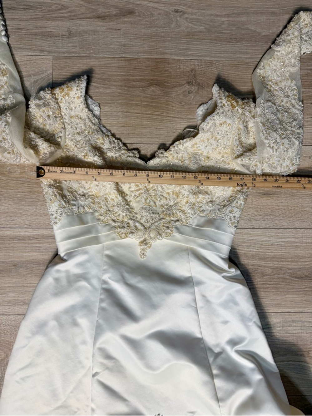 Ivory Off-Shoulder Wedding Dress with Gold Embroidery + Veil & Bouquet - Picture 13 of 16